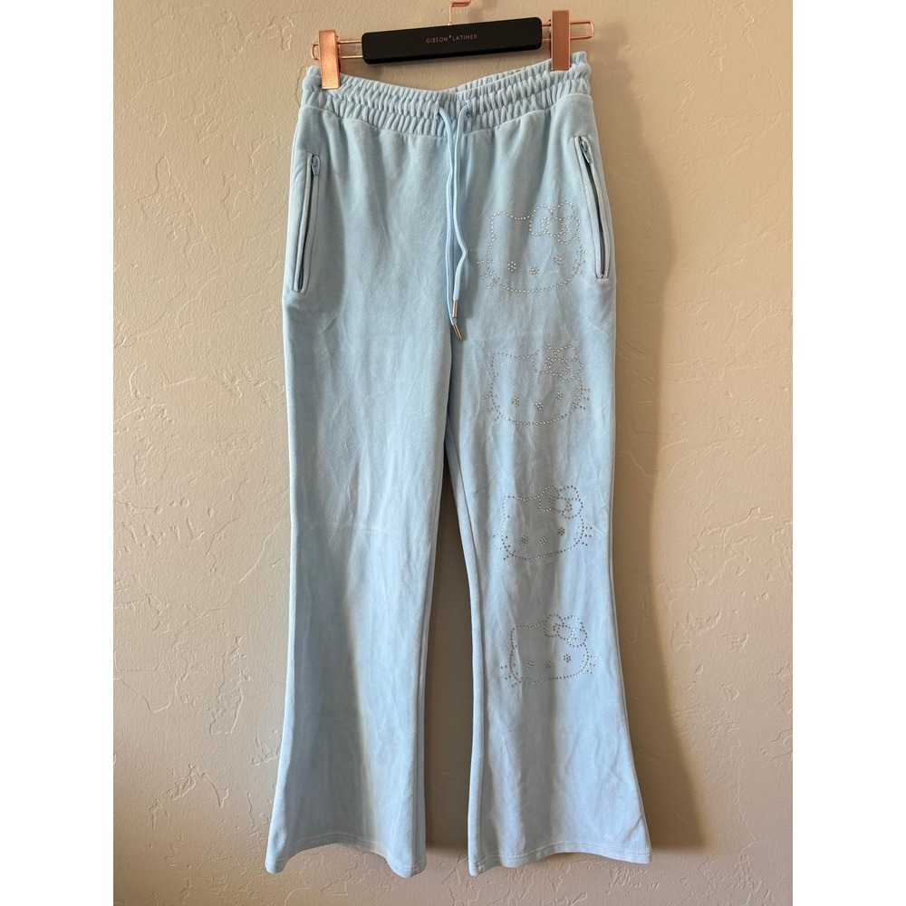 New Girl Order Sanrio Hello Kitty‎ Blue Velour Rhinestone Bling Flare Pants 4
